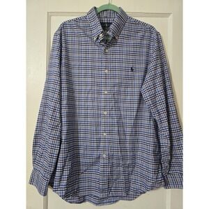 Ralph Lauren Mens Large Classic Fit Performance Plaid Button Down Shirt Blue